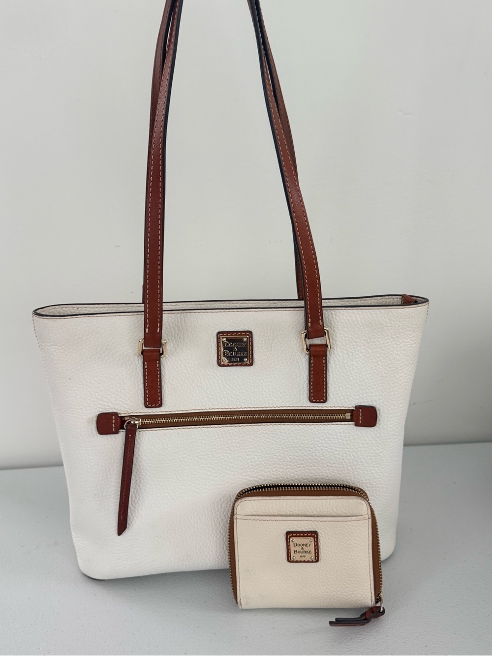 Dooney & Bourke White Pebbled Leather Tote with Brown Trim and Matching Wallet